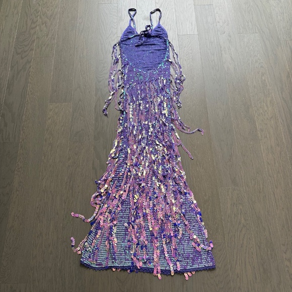 Retrofete Mevia Sequin Fringe Crochet Maxi Dress XS / SMALL - PURPLE- EUC - Picture 3 of 11